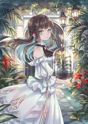 Anime girl with aqua eyes holding a plant in a glass dome