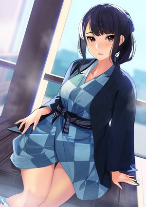 Anime girl in Japanese clothes with dark hair and brown eyes