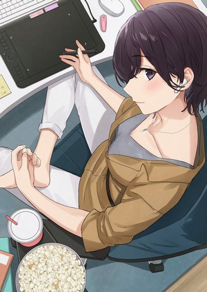 Anime girl with short dark hair working on a tablet
