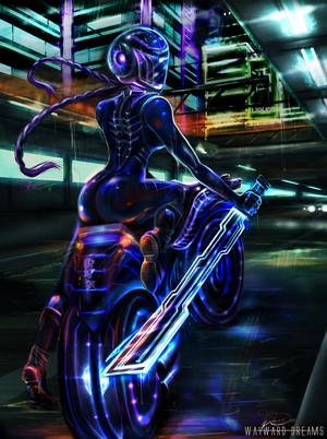 Woman in futuristic suit riding a glowing motorcycle with a sword