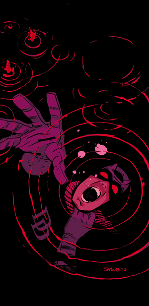 Daredevil reaching out in a dark, abstract space