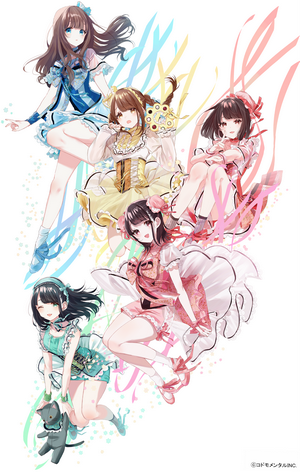Four anime girls in colorful dresses with ribbons