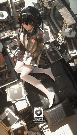 Anime girl with glasses surrounded by old computer equipment