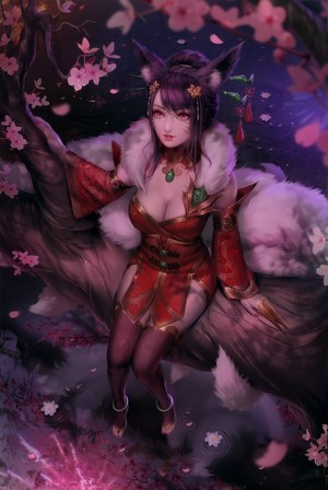 Ahri from League of Legends sitting on a tree branch
