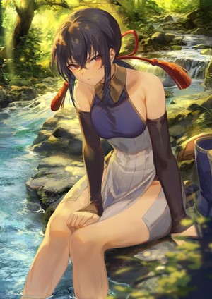 Anime girl with black hair sitting by a river