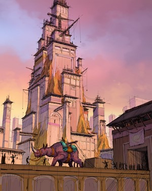 Fantasy cityscape with a rhino and a tall building