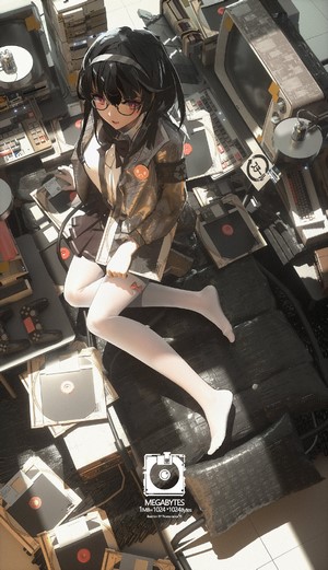 Anime girl with glasses surrounded by old computer equipment