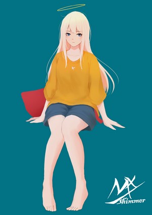 Anime girl with halo sitting on a pillow
