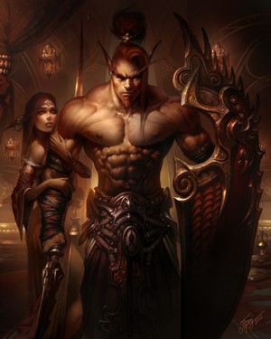Blood Elf warrior with woman from Warcraft