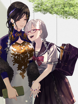 Two anime girls, one in a traditional dress, the other in a school uniform