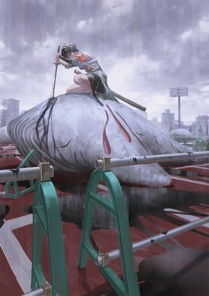 Anime artwork of a person with a sword on a creature