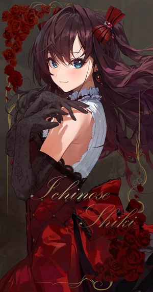 Ichinose Shiki in a red dress with roses