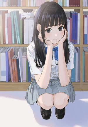 Anime girl in school uniform squatting in a library