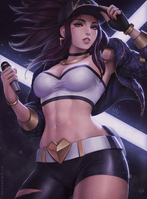 Akali from League of Legends holding a microphone