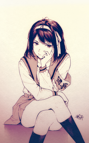 Girl in school uniform with black hair and socks