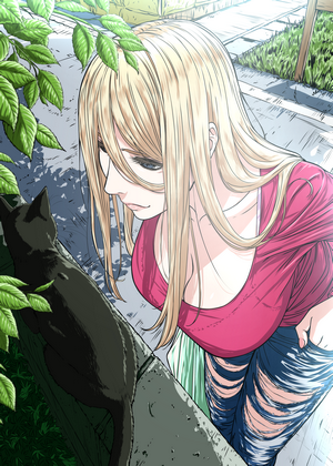 Woman with blonde hair and black cat on a street