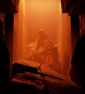 Giant statue in a dystopian orange environment