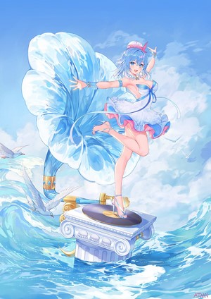 Synthesizer V Haiyi standing on a phonograph in the ocean