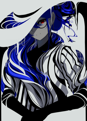 Anime girl with blue hair and red eyes wearing a hat