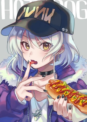 Anime girl with silver hair eating a hot dog