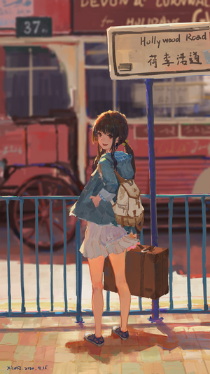 Anime girl at a bus stop with luggage