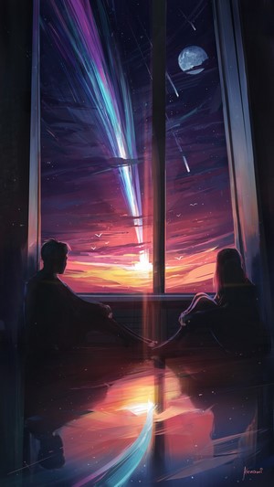 Couple watching a colorful meteor shower and moon from a window