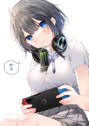Anime girl with headphones playing Nintendo Switch and drinking Monster Energy