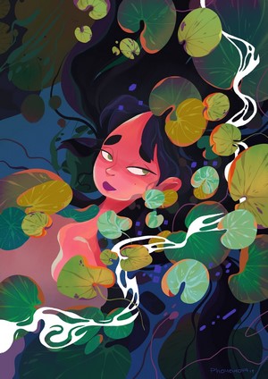 Illustration of a woman with long hair among lily pads