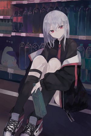 Anime girl with silver hair and red eyes holding knees