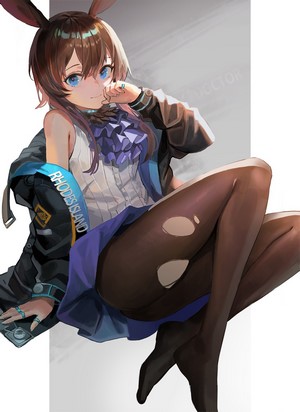 Amiya from Arknights sitting with torn pantyhose