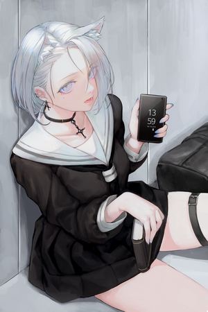 Anime girl with silver hair and cat ears holding a smartphone