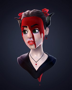 Artwork of a woman with horns and red paint on her face