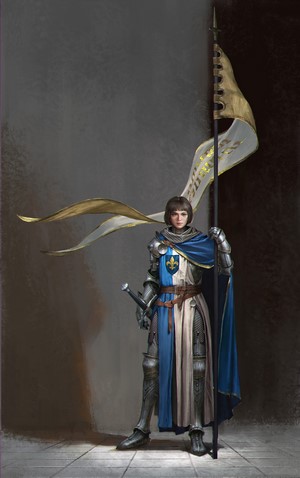Knight holding a banner with a sword