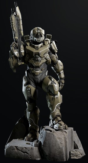 Master Chief from Halo standing on rocks with a weapon