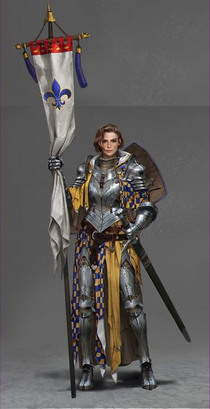Woman knight holding a banner with a fleur-de-lis