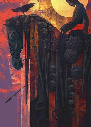 Fantasy art of a warrior on a horse with swords and skulls