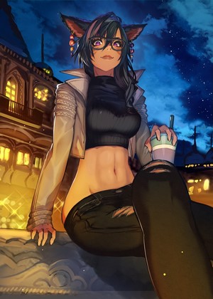 Anime girl with cat ears holding a drink