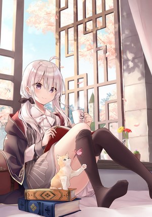 Elaina from Majo no Tabitabi reading a book with a cat
