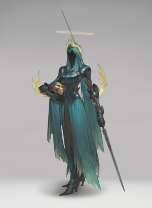 Fantasy art of a hooded figure holding a skull