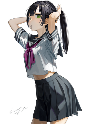 Anime girl with black hair and green eyes in school uniform