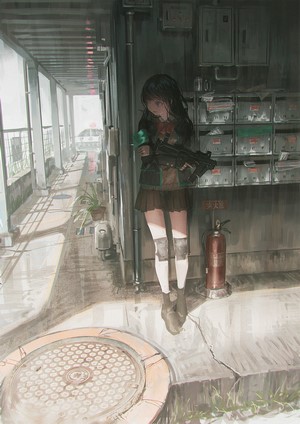 Anime girl with machine gun in apartment hallway