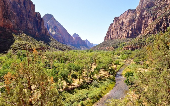 Zion National Park Valley with River and Mountains