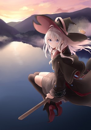 Elaina from Majo no Tabitabi flying on a broomstick