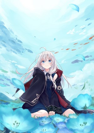 Elaina from Majo no Tabitabi kneeling in blue flowers