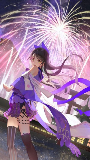 Anime girl with yellow eyes and dark hair at fireworks