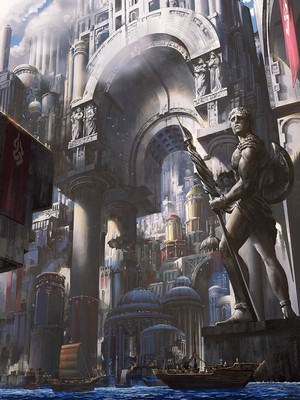 Fantasy city with statues and boats