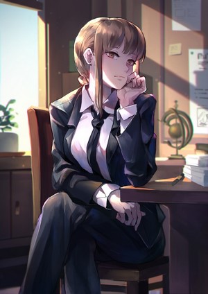 Makima from Chainsaw Man sitting at a desk