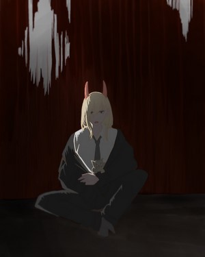 Power from Chainsaw Man sitting with a cat