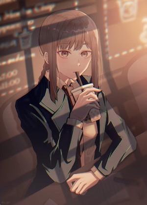 Makima from Chainsaw Man drinking from a cup