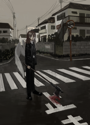 Angel Devil from Chainsaw Man at a crosswalk
